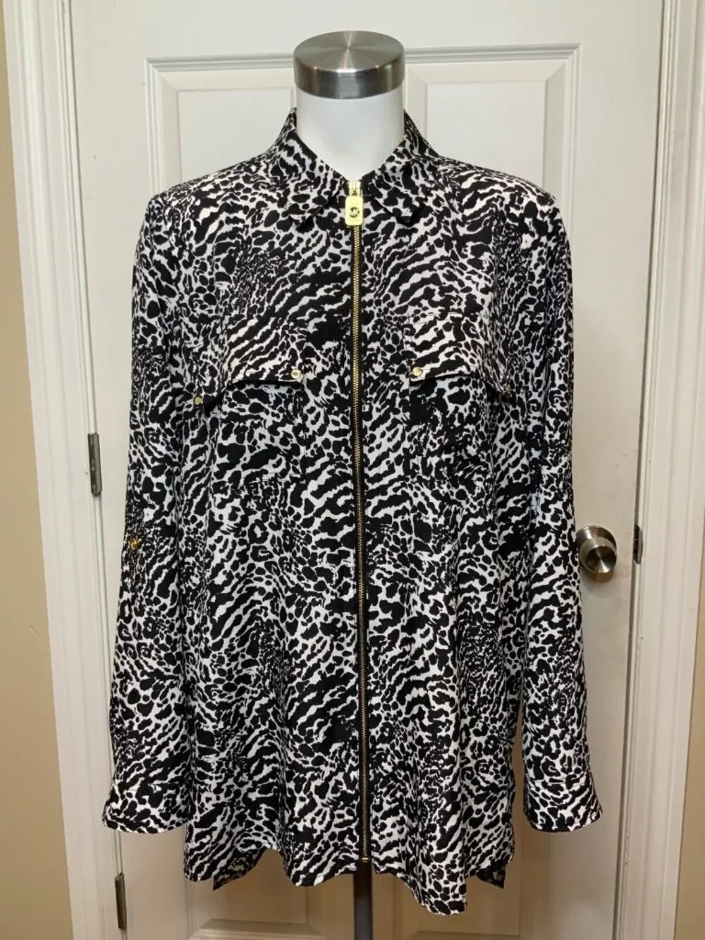Michael Kors Black White Leopard Print Zip-Up Jacket Size XL
